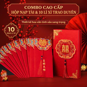 Combo Hộp Nạp Tài Và 10 Bao Lì Xì Kết Duyên Tông Đỏ Dùng Cho Cưới Hỏi, Dịp Tết, Quà Tặng Sang Trọng