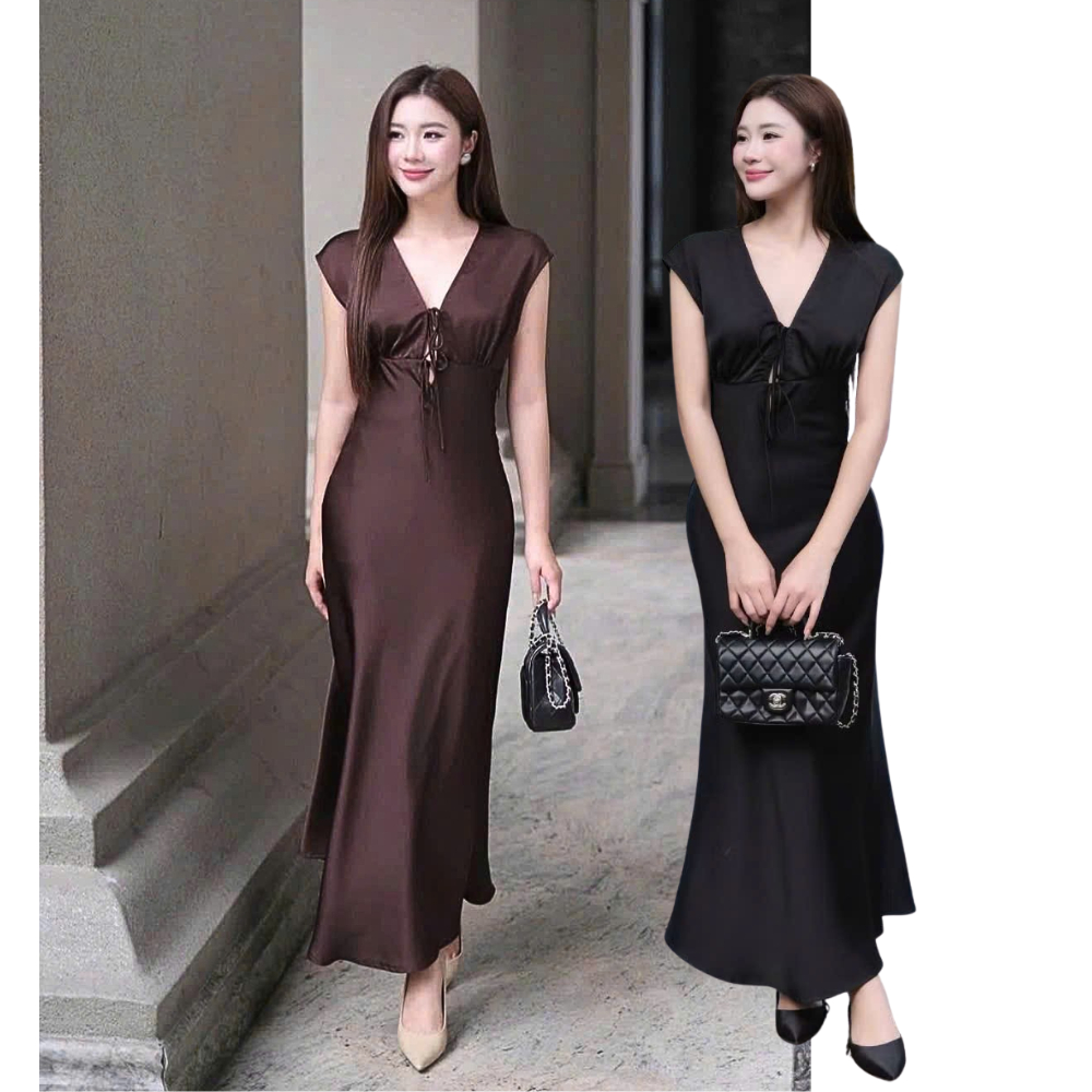 Đầm Lụa Cổ V Tay Hến Dáng Dài Form Suông Nhẹ HINE DRESS Có Dây Rút Ngực Chỉnh Form SAN Clothings - P196