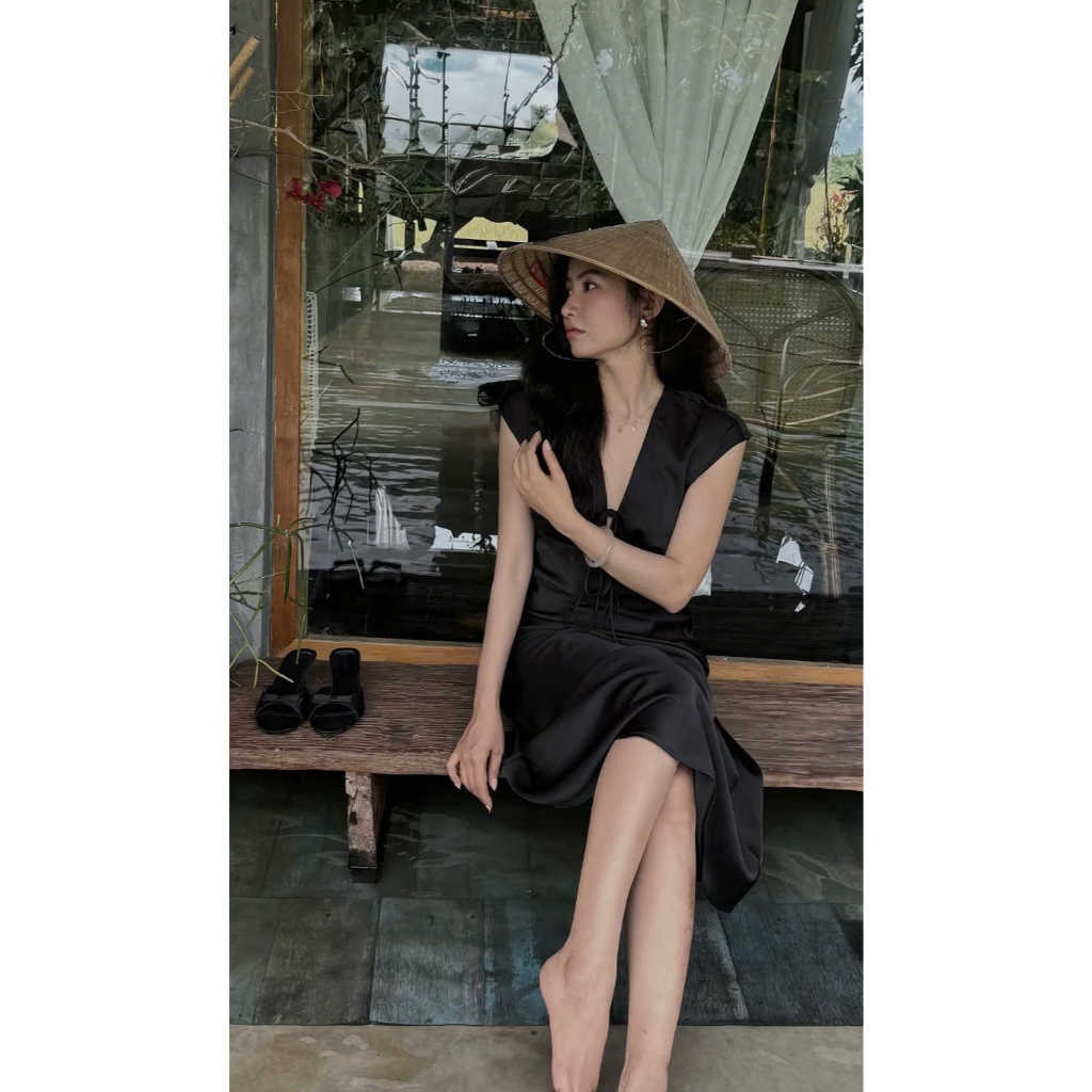 Đầm Lụa Cổ V Tay Hến Dáng Dài Form Suông Nhẹ HINE DRESS Có Dây Rút Ngực Chỉnh Form SAN Clothings - P196