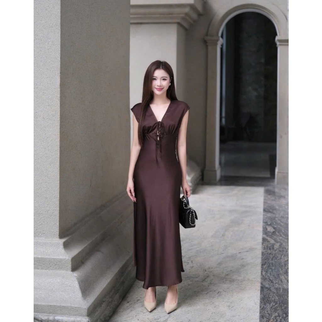Đầm Lụa Cổ V Tay Hến Dáng Dài Form Suông Nhẹ HINE DRESS Có Dây Rút Ngực Chỉnh Form SAN Clothings - P196