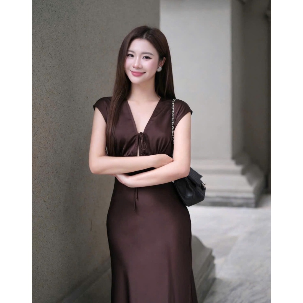 Đầm Lụa Cổ V Tay Hến Dáng Dài Form Suông Nhẹ HINE DRESS Có Dây Rút Ngực Chỉnh Form SAN Clothings - P196