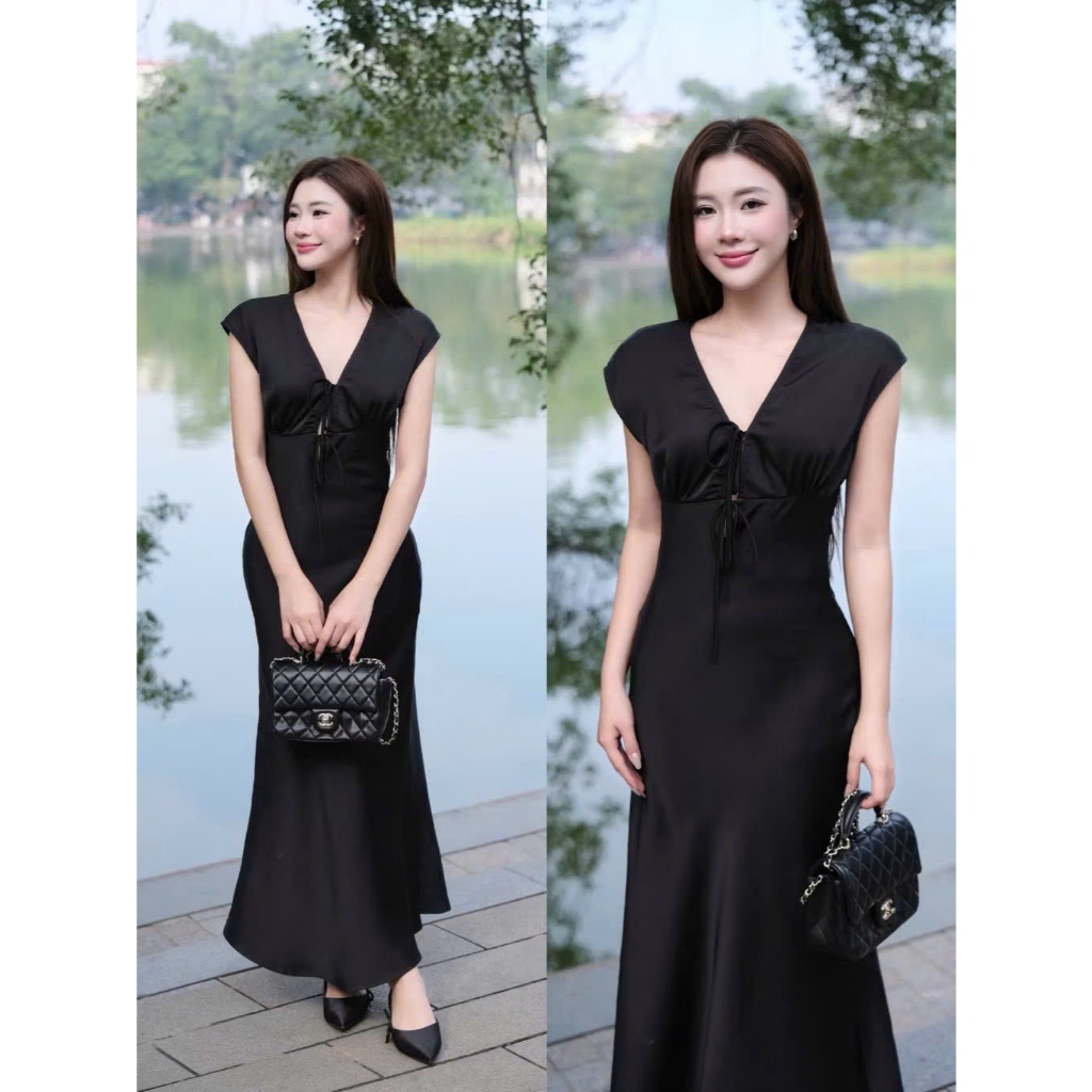 Đầm Lụa Cổ V Tay Hến Dáng Dài Form Suông Nhẹ HINE DRESS Có Dây Rút Ngực Chỉnh Form SAN Clothings - P196