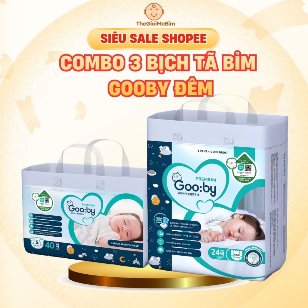 Combo 3 Bịch Tã/Bỉm Dán và Quần Gooby Đêm Siêu Thấm Hút, Đủ Size Cho Bé Từ NB-3XL