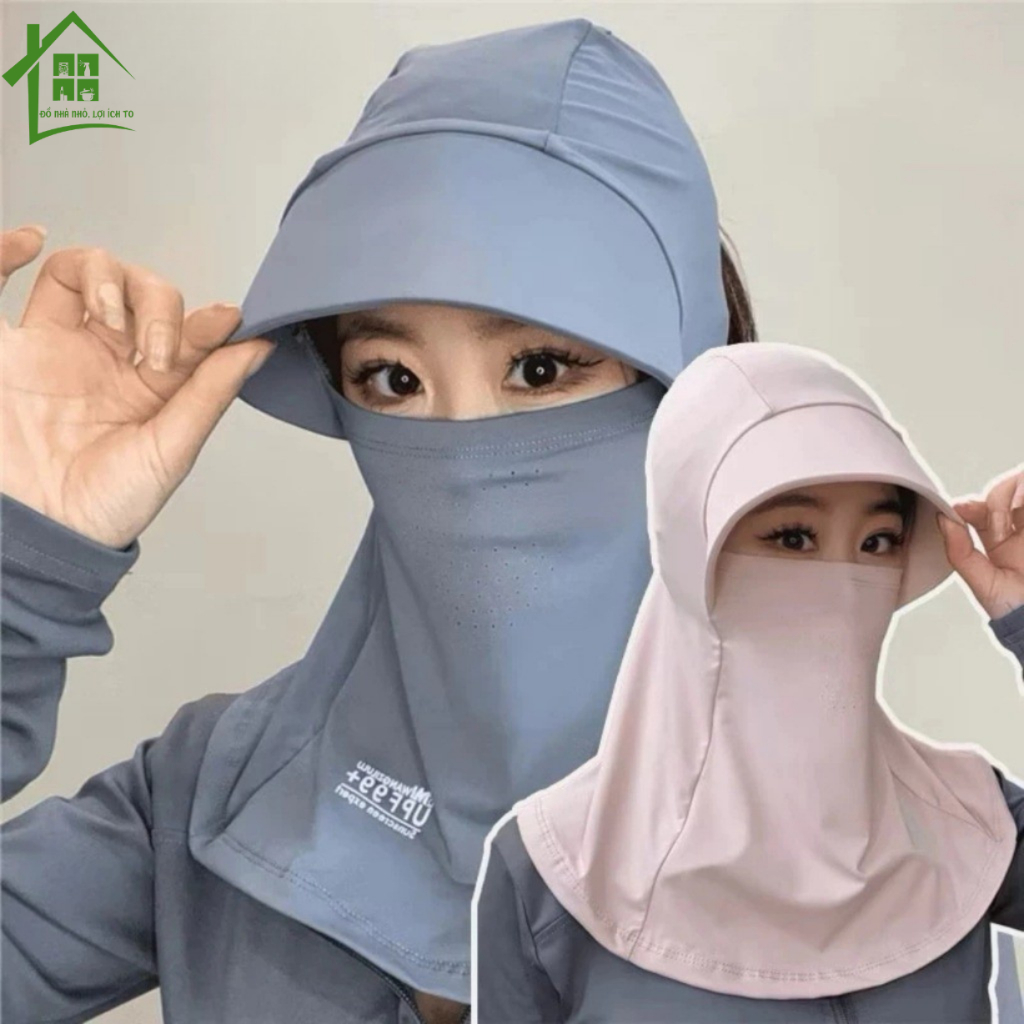 Mũ chống nắng trùm đầu tích hợp mặt nạ khẩu trang lụa băng lạnh che cổ có lỗ thoáng khí chống tia UV phù hợp cả Nam Nữ