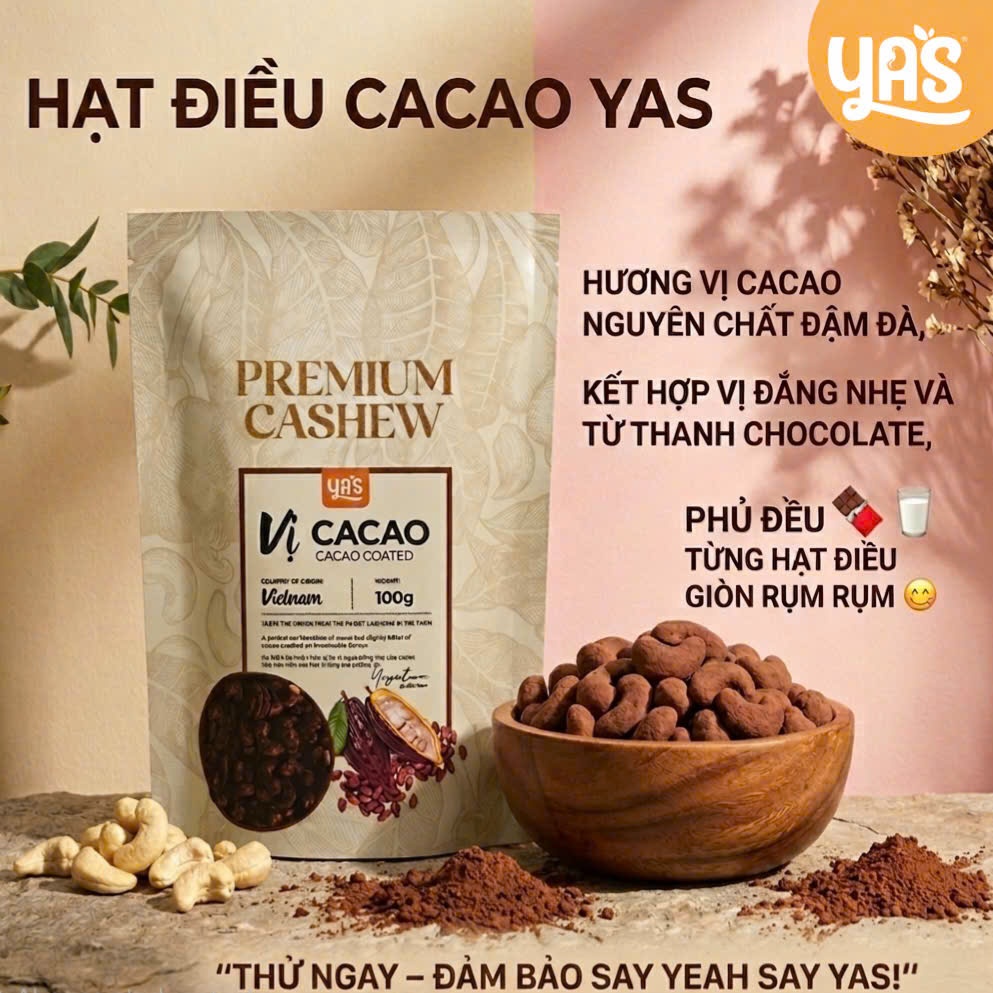 Hạt Điều Cacao YAS Túi 100g – Hạt Điều Tẩm Bột Cacao Thơm Béo Ngọt Nhẹ | Snack Hạt Điều YAS