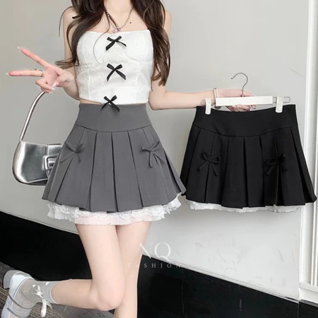 [Peinn] Chân váy xếp ly đính nơ ren 2 tầng chân váy nữ cạp cao chữ A mini thiết kế phong cách hàn quốc lolita NQ15