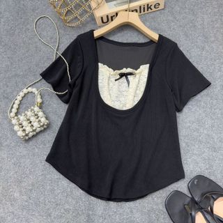 Áo Thun Kiểu Bigsize Nữ Áo Form Ôm Tat Ngắn Cổ Vuông Phối Ren Dễ Thương Cho Chubby G264