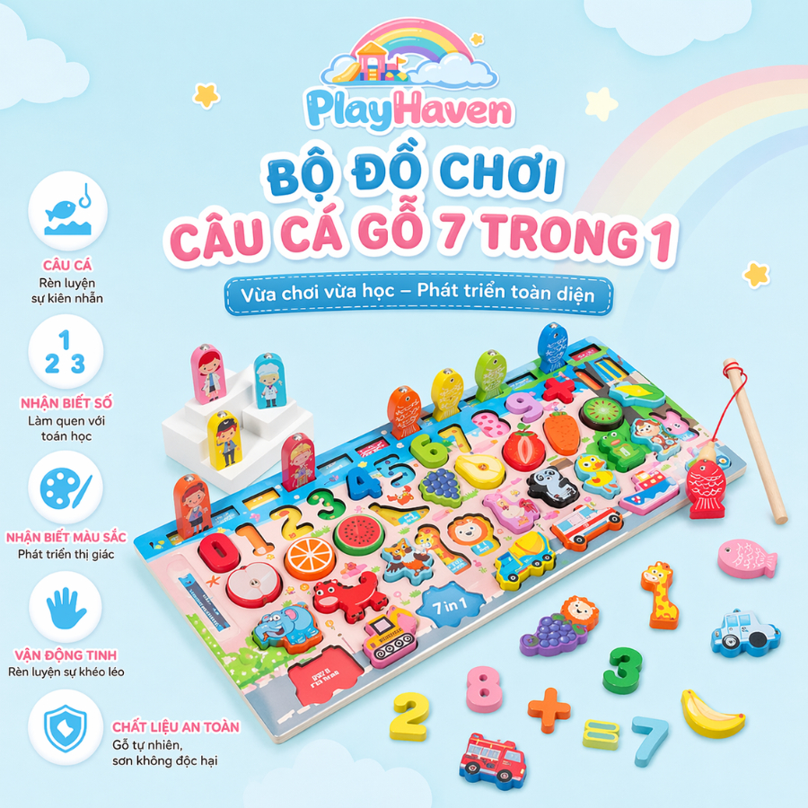 Bảng gỗ câu cá Montessori 7 trong 1 cho bé đồ chơi ghép hình học số chữ cái và nhận biết