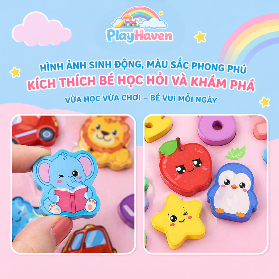 Bảng gỗ câu cá Montessori 7 trong 1 cho bé đồ chơi ghép hình học số chữ cái và nhận biết