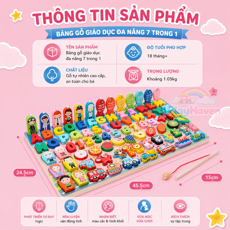 Bảng gỗ câu cá Montessori 7 trong 1 cho bé đồ chơi ghép hình học số chữ cái và nhận biết