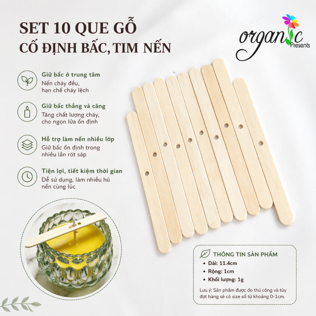 SET 10 QUE GỖ CỐ ĐỊNH TIM NẾN – GIỮ BẤC THẲNG, NẾN CHÁY ĐỀU & ĐẸP