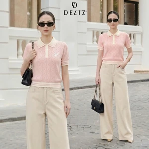 DELIZ - Áo len ngắn tay dệt kim chất len lông thỏ cổ polo mùa hè cho nữ công sở PL22