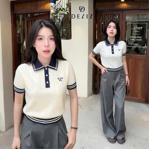 Áo len ngắn tay cho nữ mùa hè dệt kim quả trám thêu nơ tiểu thư len lông thỏ DELIZ PL22 300G