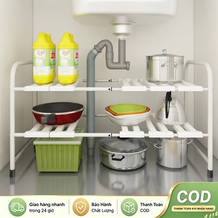 (kệ tiện ích) Kệ Gầm Bếp Để Xoong Nồi Chảo Dưới Gầm Bồn Rửa, Kệ Để Đồ Nhà Bếp Đa Năng Tiện Lợi Khung Inox 2 lớp