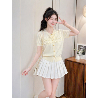 Áo Len Nữ Vileli Bèo Ngực Phối Nơ Tay Ngắn Dệt Kim Mềm Mịn Tiểu Thư Trẻ Trung Dễ Phối VL2607
