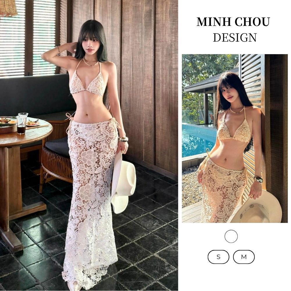 Set bikini 3 mảnh ren siêu xịn sang chảnh cao cấp, set đồ nữ đi biển phối ren quyến rũ