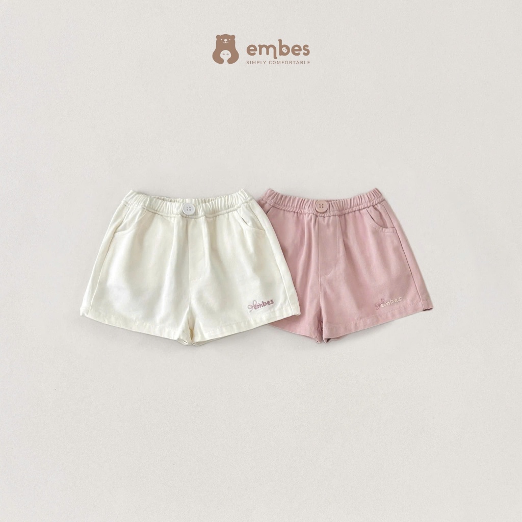 Quần Đùi Cho Bé Gái Embes, Quần Short Kaki Thêu Họa Tiết Chất Kaki Mềm Mát Cho Bé Gái Size Từ 8-18Kg