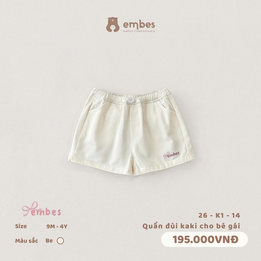 Quần Đùi Cho Bé Gái Embes, Quần Short Kaki Thêu Họa Tiết Chất Kaki Mềm Mát Cho Bé Gái Size Từ 8-18Kg