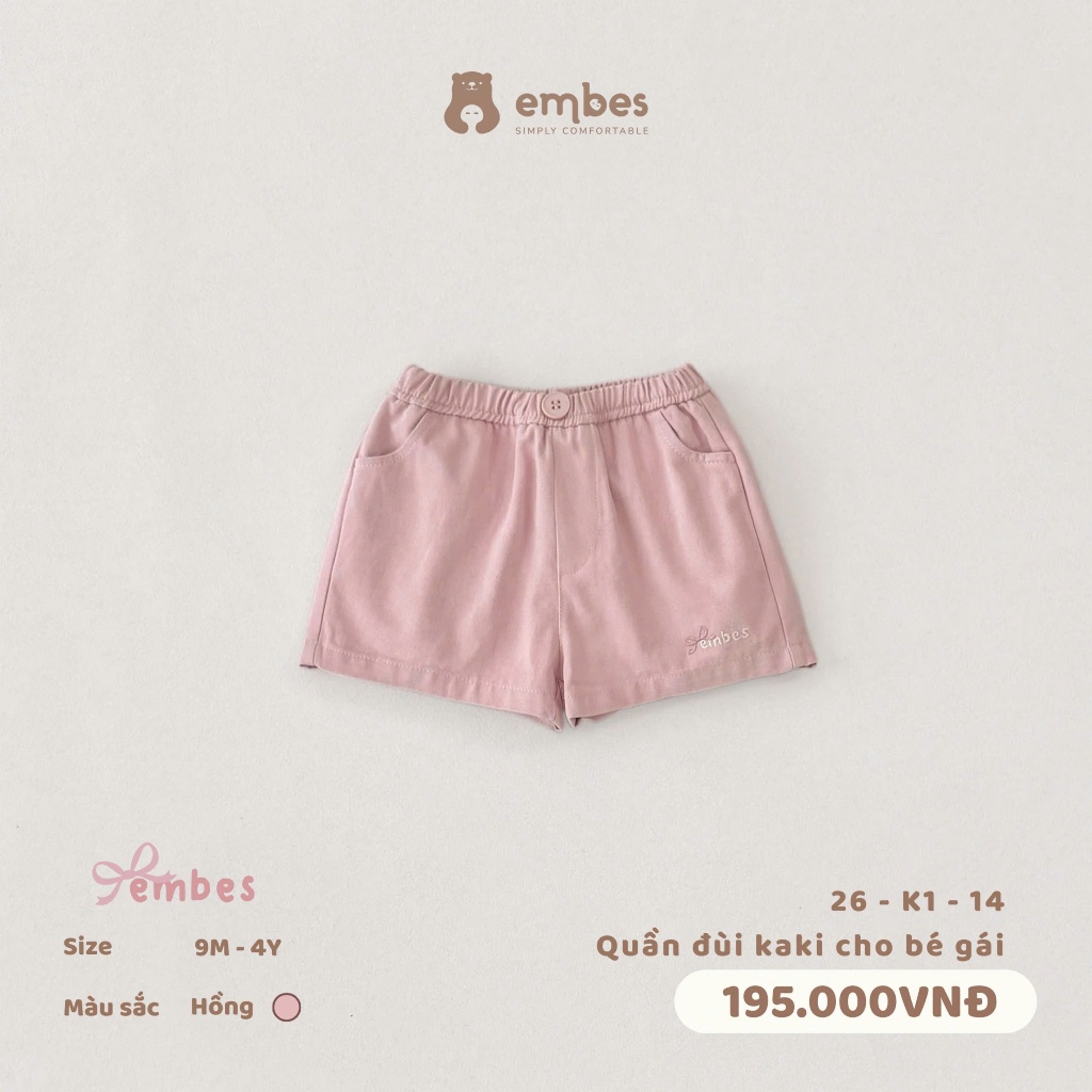 Quần Đùi Cho Bé Gái Embes, Quần Short Kaki Thêu Họa Tiết Chất Kaki Mềm Mát Cho Bé Gái Size Từ 8-18Kg