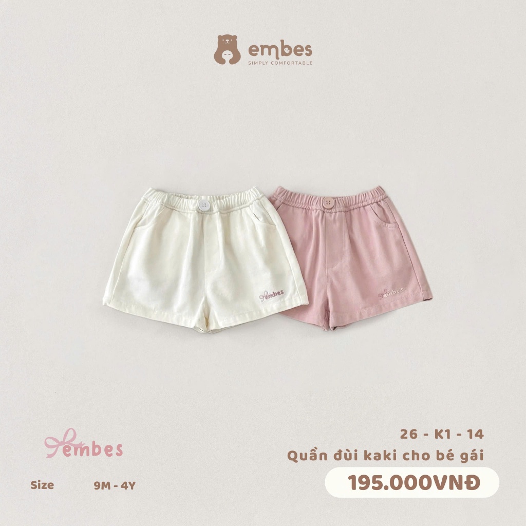 Quần Đùi Cho Bé Gái Embes, Quần Short Kaki Thêu Họa Tiết Chất Kaki Mềm Mát Cho Bé Gái Size Từ 8-18Kg