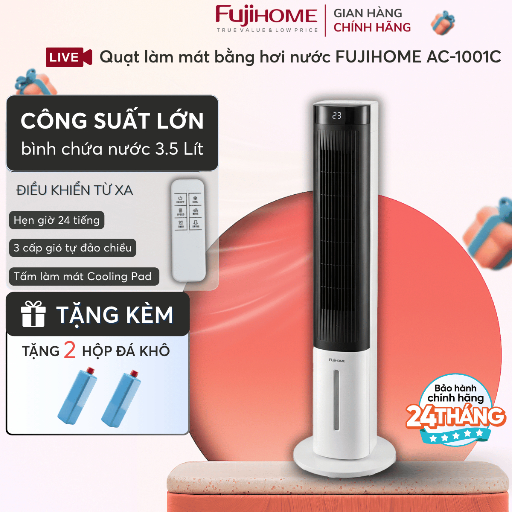 Quạt tháp hơi nước FUJIHOME AC-1001C Nhập Khẩu, quạt điện cây điều hòa gia đình công suất lớn