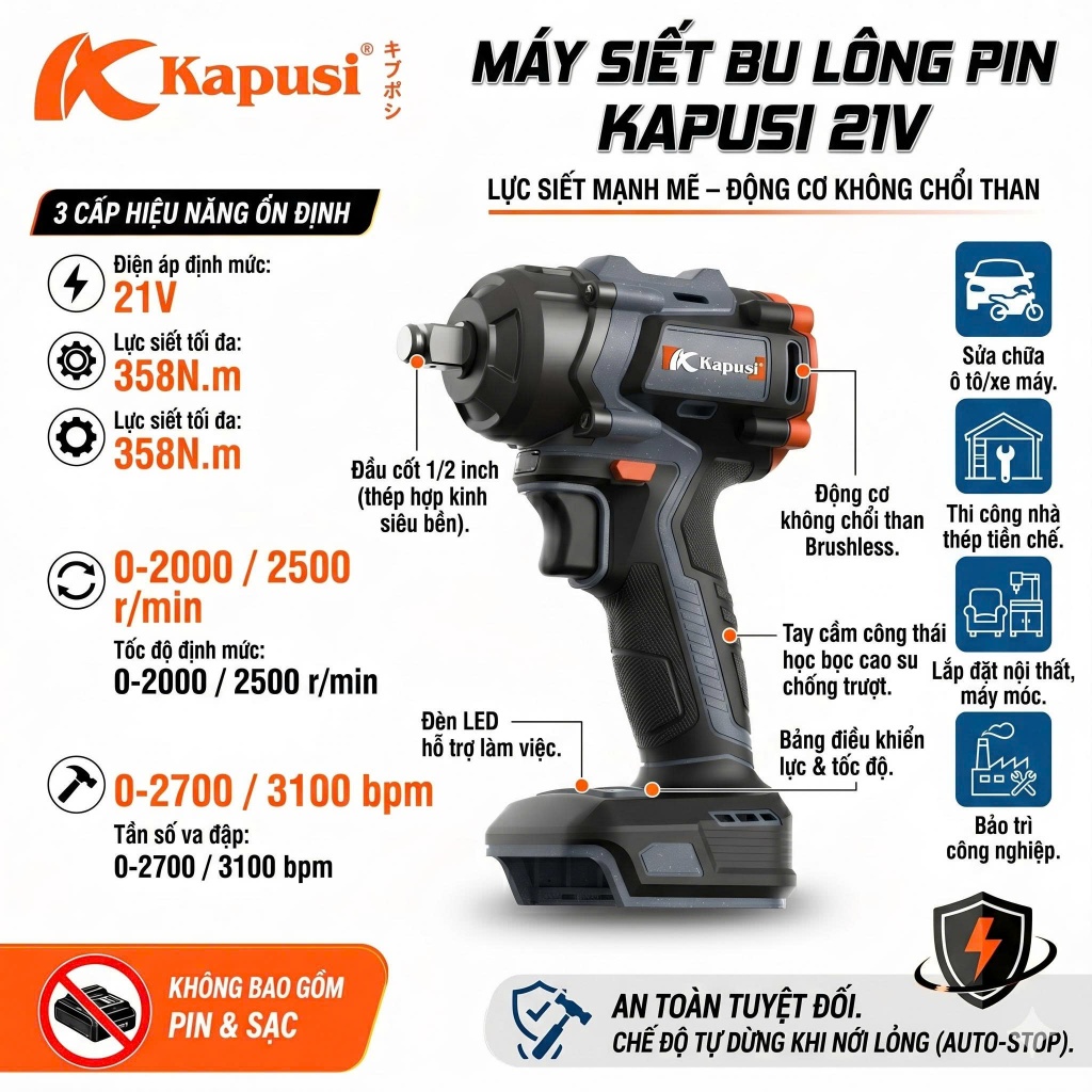 Máy siết bulong pin Kapusi 21V 950N.m – Có Auto Stop, máy bắn ốc không dây