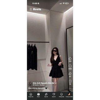 Đầm đen basic cổ V dáng xòe nhẹ nhàng thanh lịch thời trang nữ công sở dạo phố