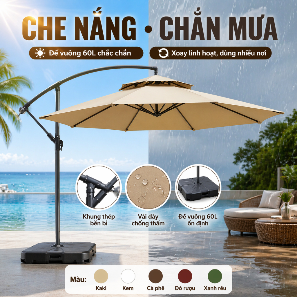 Ô ngoài trời bền chắc, xoay 360 độ linh hoạt, che nắng chắn mưa, phù hợp sân vườn, bãi biển, cafe