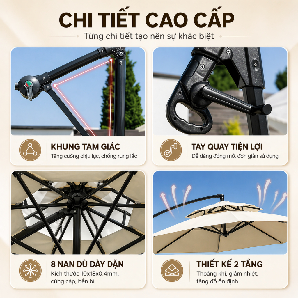 Ô ngoài trời bền chắc, xoay 360 độ linh hoạt, che nắng chắn mưa, phù hợp sân vườn, bãi biển, cafe