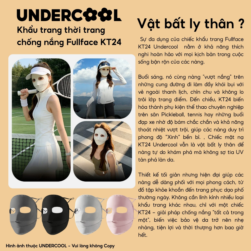 Khẩu trang chống nắng Fullface UNDERCOOL - Chống tia UV, Thiết kế 3D thoáng khí bảo vệ toàn diện Kt24
