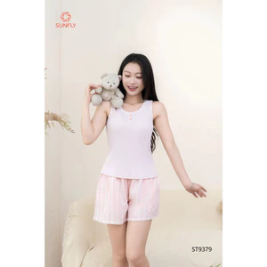 ST9379 Đồ bộ mặc nhà nữ áo cotton thông hơi cộc tay quần sooc kate