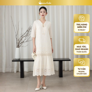 SWANLAKE | Váy Đầm Nữ Maxi Đuôi Cá Ren Vải Cotton Thêu Đục Lỗ Cổ Chữ V Tay Lỡ Dạo Phố D13661