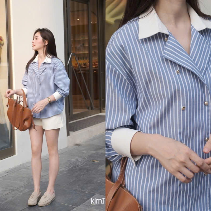 NH CLOTHER -Set đồ công sở dạo phố nữ áo sơ mi kẻ sọc dọc phối cúc ngọc trai kèm quần đùi