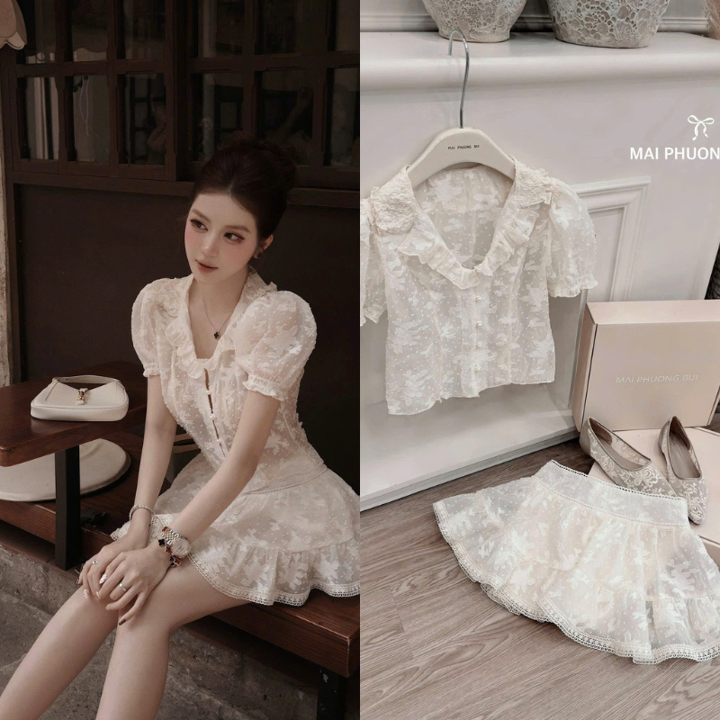 NH CLOTHER -Bộ set ren trắng cao cấp áo kiểu tiểu thư kèm chân váy ngắn dáng xòe phối lưới họa tiết