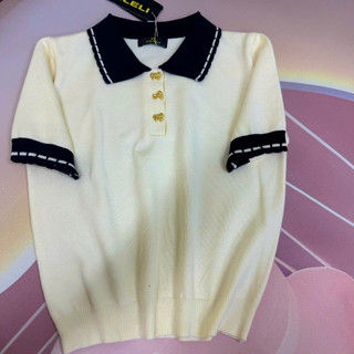 Áo Len Cổ Polo Cộc Tay Phối Cổ Màu Khuy Nơ Vàng Vileli Basic Tinh Tế Thanh Lịch Nữ Tính VL2604