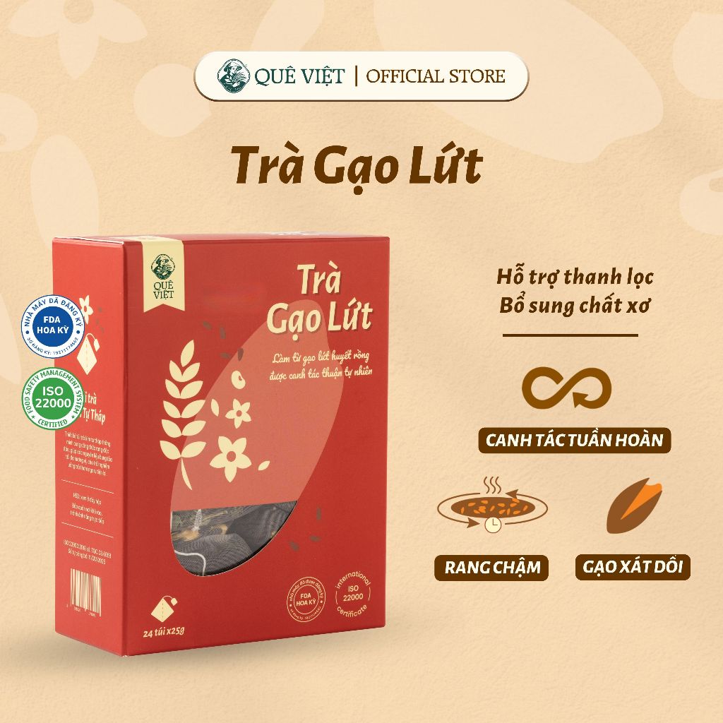 Trà gạo lứt Quê Việt thanh nhiệt, mát gan, nguyên liệu thiên nhiên – Hộp 150g (10 túi x 15g), 450g (30 túi x 15g)