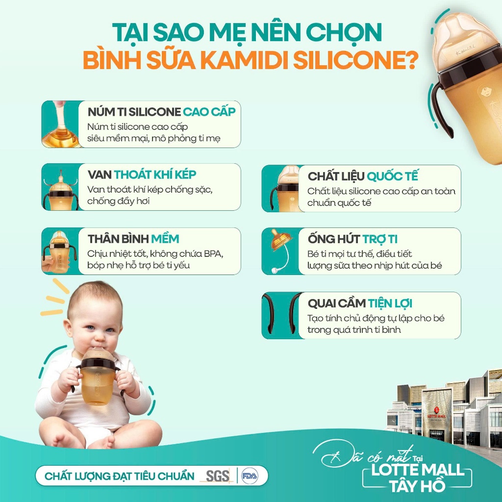 Bình Sữa Kamidi Silicone - Núm mềm cho bé tập ti - Dung Tích 150ml/250ml