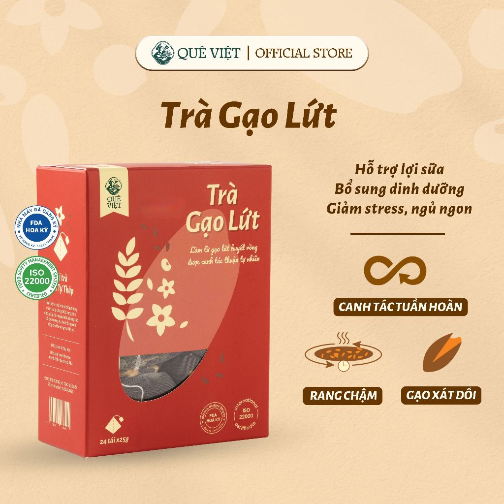 Trà gạo lứt lợi sữa Quê Việt nguyên liệu tự nhiên an toàn, hỗ trợ lợi sữa cho mẹ sau sinh - Hộp 150g 10 túi, 450g 30 túi