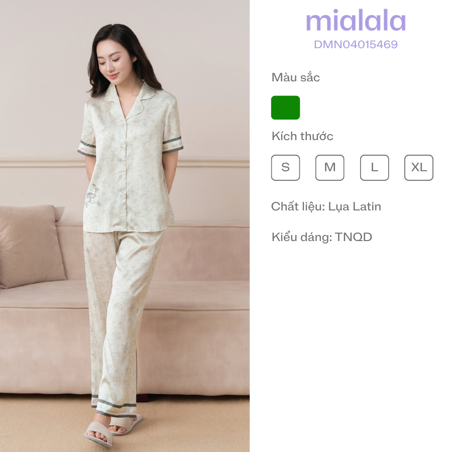 Đồ mặc nhà lụa cổ điển Mialala 5469 phiên bản cúc trắng họa tiết con thỏ