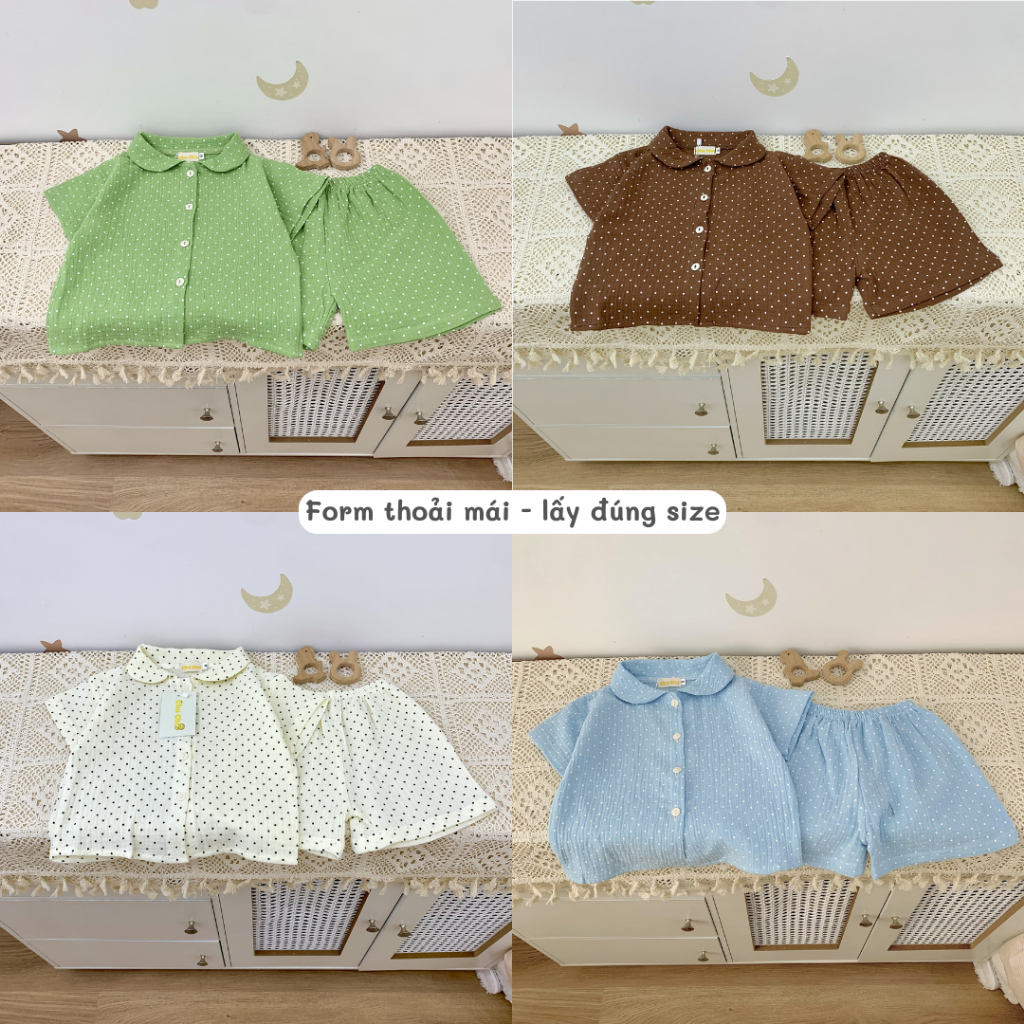 Đồ ngủ trẻ em 9-24kg | Bộ chấm bi vải Xô Muslin thấm hút mồ hôi, phối cổ dễ thương
