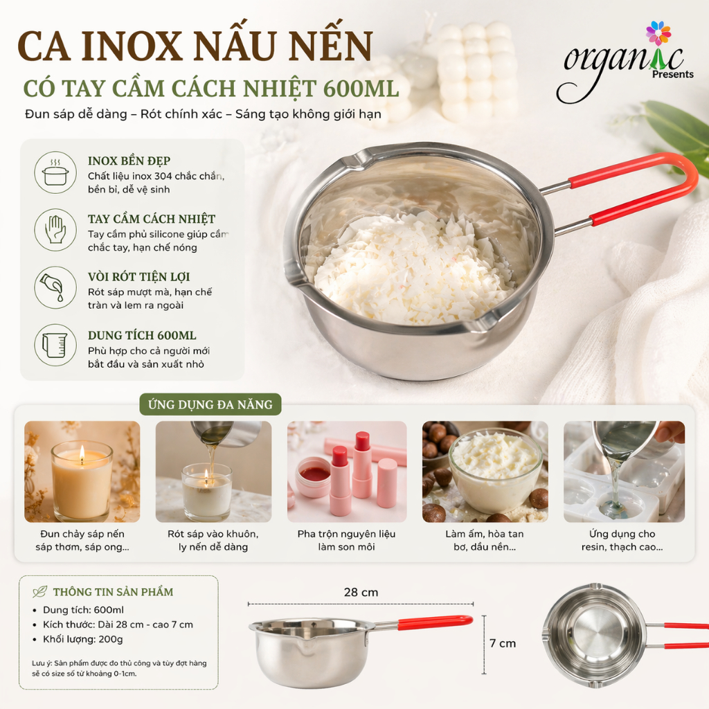 CA INOX NẤU NẾN CÓ TAY CẦM CÁCH NHIỆT 600ML - Nồi nấu sáp