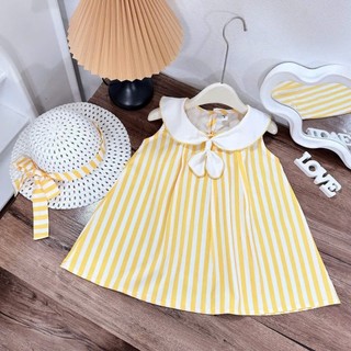 [Tặng mũ] Váy Cộc Tay Bé Gái Họa Tiết Kẻ Sọc Vàng Trắng Cổ Bèo Xinh Xắn Dáng Xoè Duyên Dáng