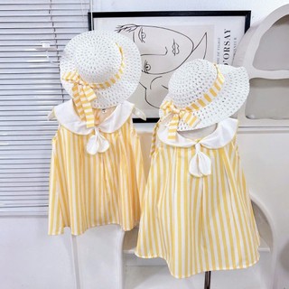 [Tặng mũ] Váy Cộc Tay Bé Gái Họa Tiết Kẻ Sọc Vàng Trắng Cổ Bèo Xinh Xắn Dáng Xoè Duyên Dáng