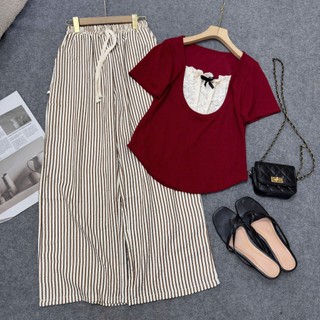 Set đồ bigsize nữ áo thun kiểu đính nơ phối quần ống xuông kẻ sọc hottrend lưng chun co giãn thoải mái- Set971