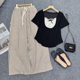 Set đồ bigsize nữ áo thun kiểu đính nơ phối quần ống xuông kẻ sọc hottrend lưng chun co giãn thoải mái- Set971
