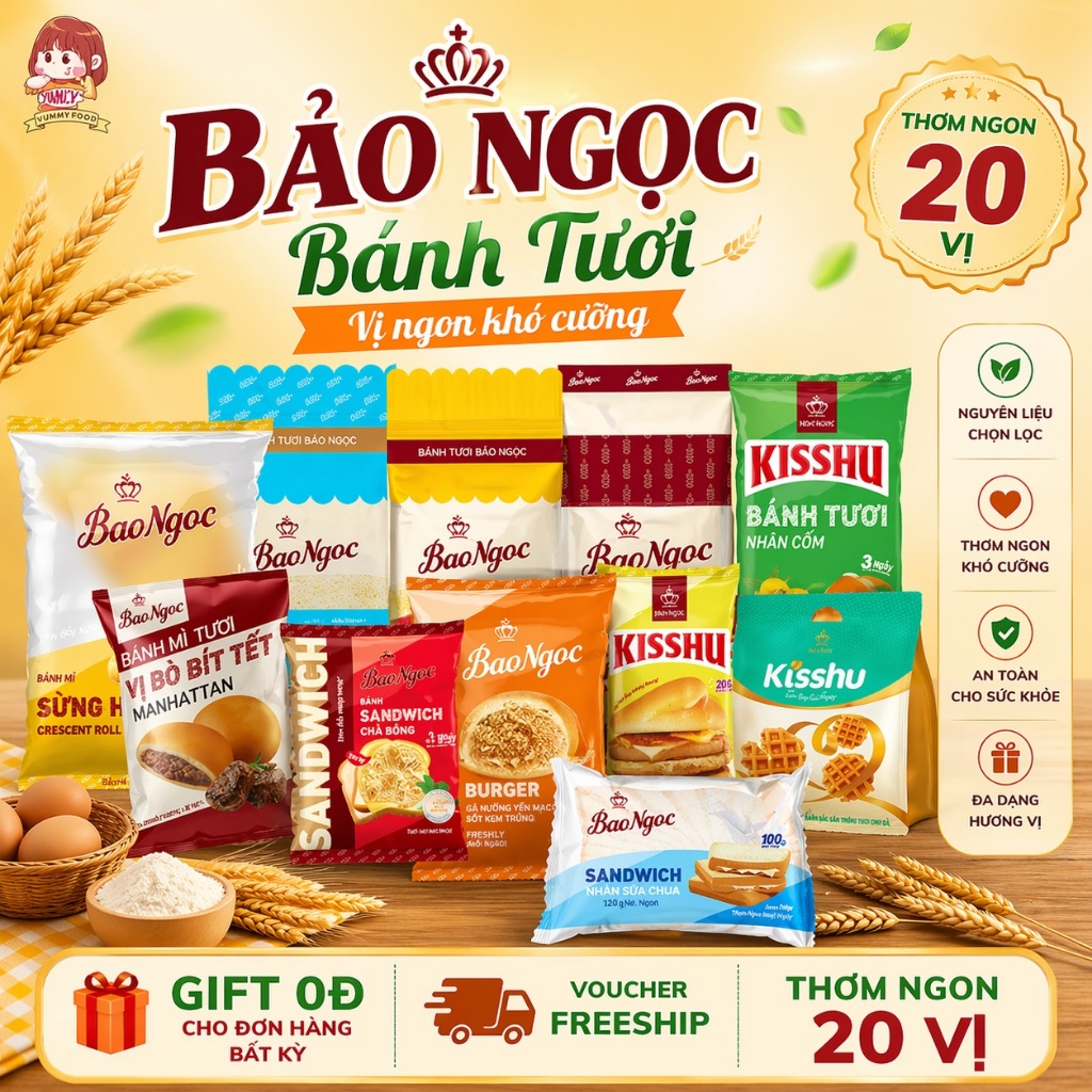 [ 20 Vị] Bánh Mì Tươi Bảo Ngọc Ăn Sáng Trưa Tối siêu mềm đủ dinh dưỡng nhiều vị cốm, socola chà bông