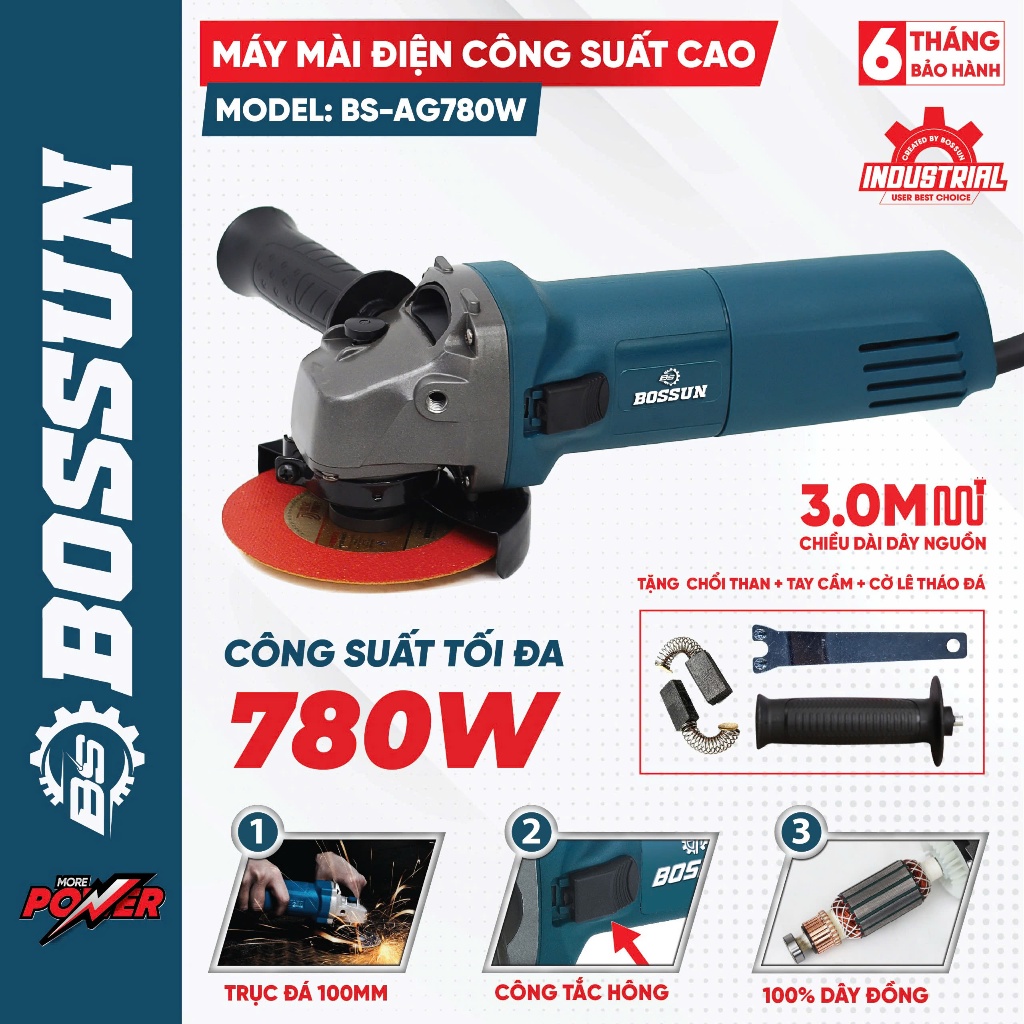 [TẶNG ĐĨA CẮT] Máy Mài, Cắt Điện Bossun BS-AG950CP Công Suất 780W, Lõi Đồng 100% -  Công Tắc Hông