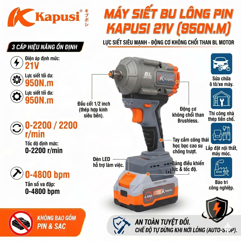 Máy siết bulong pin Kapusi 21V 950N.m – Có Auto Stop, máy bắn ốc không dây