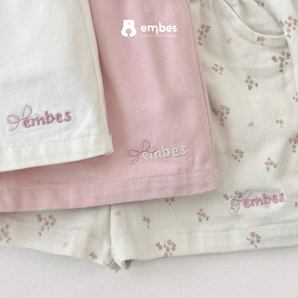 Quần Đùi Cho Bé Gái Embes, Quần Short Kaki Thêu Họa Tiết Chất Kaki Mềm Mát Cho Bé Gái Size Từ 8-18Kg