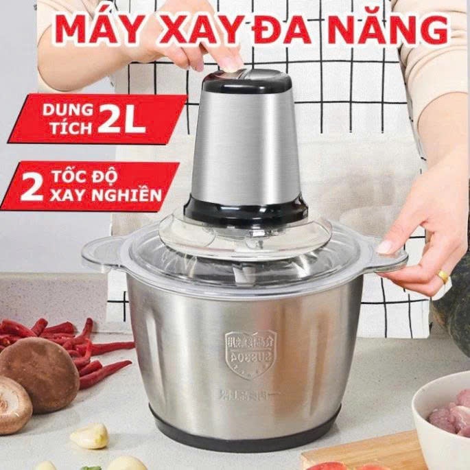 Máy Xay Thịt Đa Năng Cối Inox 2L 304, 4 Lưỡi Dao Thép Không Gỉ, Say Sinh Tố Thịt, Cá, Cua, Rau củ,Hoa Quả